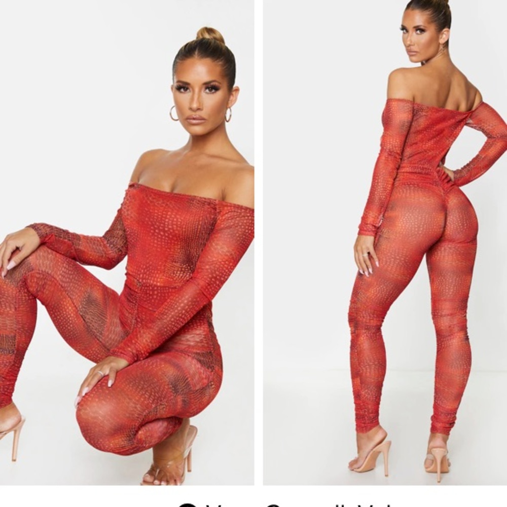 Orange Croc Mesh Bardot Ruched Bodysuit